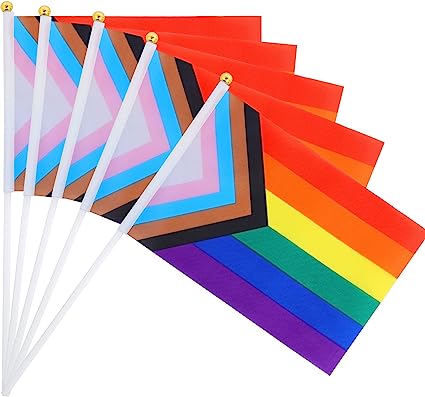 Photo 1 of  50 Pcs Small Progress Pride Rainbow Flags Mini LGBT Gay Hand Held Stick Flags Party