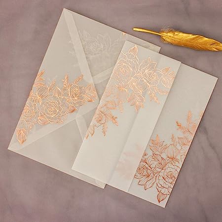 Photo 1 of 25 sets Rose Glod Foil Floral Embossing Vellum Wedding Invitations Cards with Vellum Envelopes Blank Inner Sheets for Bridal Shower Baby Shower Party Engagement Anniversary Invite Sweet 16 (rose gold)
