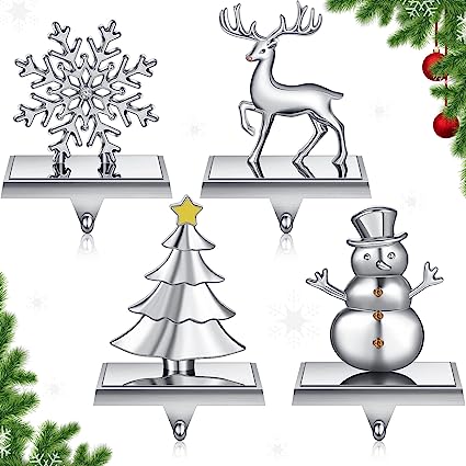 Photo 1 of 4 Pieces Christmas Stocking Holders for Mantel Double Snowflake Reindeer Snowman Tree Stocking Hanger Stocking Hooks Anti-Slip Mantle Hangers for Fireplace Christmas Home Party Decor (Cute Style)
