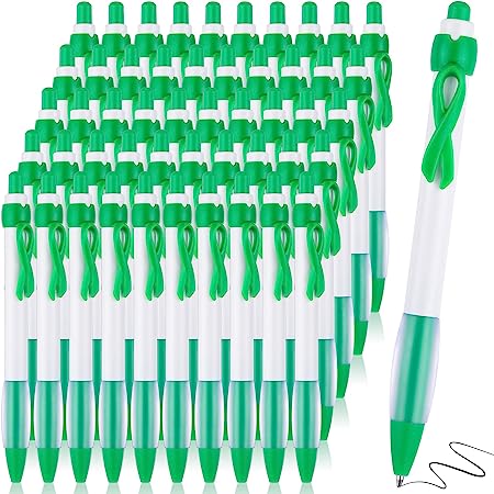 Photo 1 of Mental Health Awareness Retractable Pen Green Ribbon Liver Cancer Kidney Disease Awareness Black Ink Ballpoint Pen Bulk with Individual Packed for Charity Volunteers Activities Supplies (100 Pcs)
