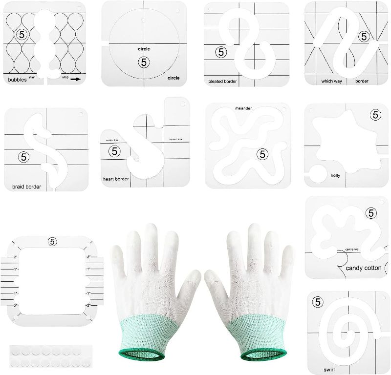 Photo 1 of 14 Pcs Free Motion Quilting Template Set, Include 12 Pcs Quilting Rulers and Templates Quilting Frame, Quilting Gloves, Non Slip Grips Quilting Stickers Acrylic DIY Sewing Tools Kit for Sewing Machine

