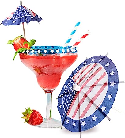 Photo 1 of 100 PCS Drink Umbrellas Cocktail Picks 4th of July Independence Day Decor American Flag Drinking Umbrella Fruit Toothpicks Cupcake Topper Sticks for Patriotic Party Appetizers Restaurant Decorations
