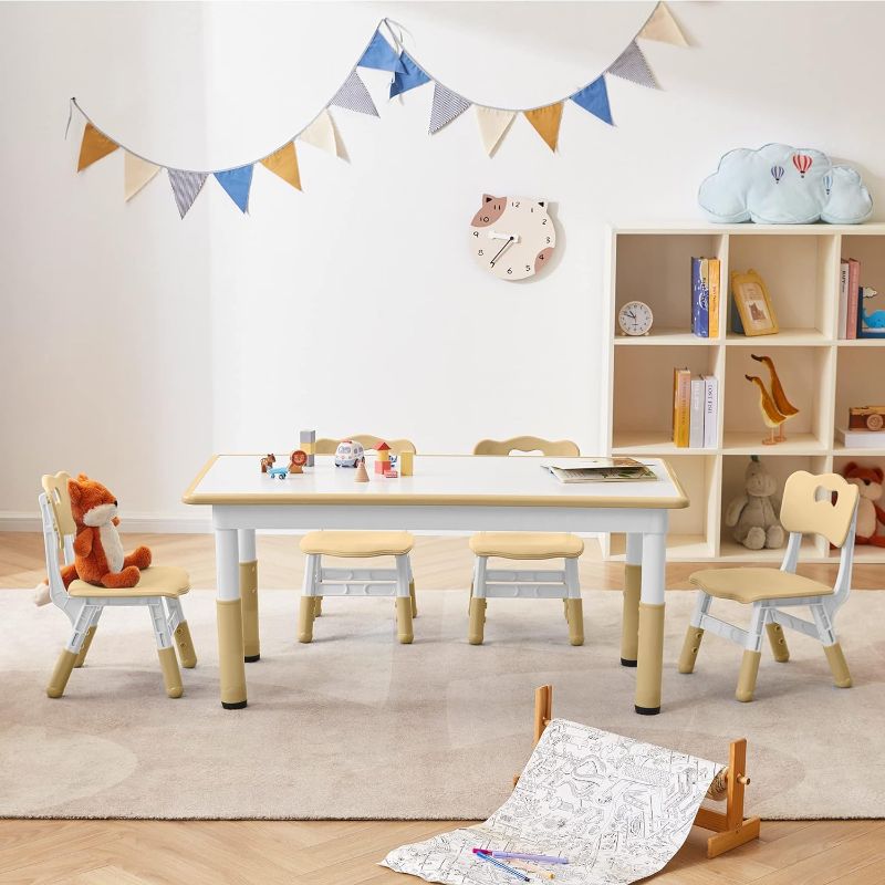 Photo 1 of CuFun Kids Table and 4 Chairs Set, Children Study Desk, Dining Table, Height Adjustable Plastic Desk