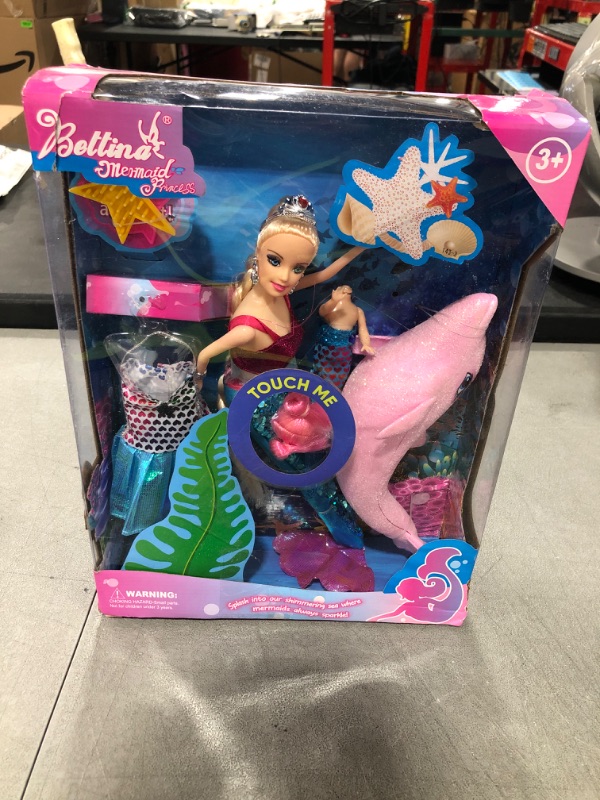 Photo 2 of BETTINA Mermaid Princess Doll Pack, Color Changing Mermaid Tail, Dress Doll 12" and Dress Doll 3" and Dolphin Color Reveal Mermaid Toys for Little Girls and Play Gift Set Aged 3+ Light Red Dolphin