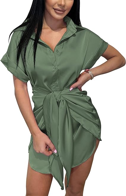 Photo 1 of BTFBM Women Button Down Shirts Dresses Satin Short Sleeve V Neck Elastic Waist Self Tie Knot Club Party 2023 Summer Dress XX-Large Solid GREEN