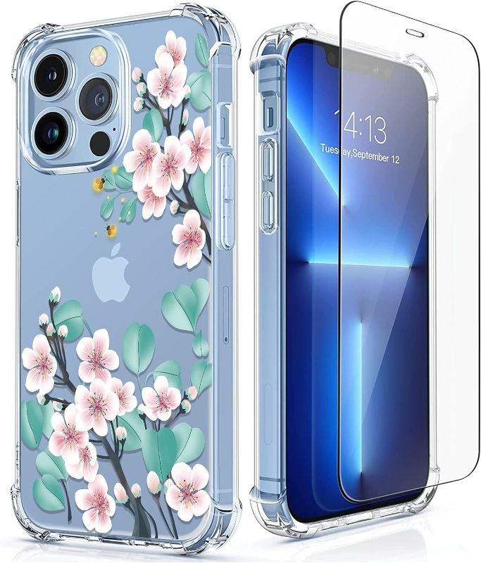 Photo 1 of [5-in-1] RoseParrot iPhone 13 Pro Max Case with Screen Protector + Ring Holder + Waterproof Pouch, Clear with Floral Pattern Design, Shockproof Protective...
