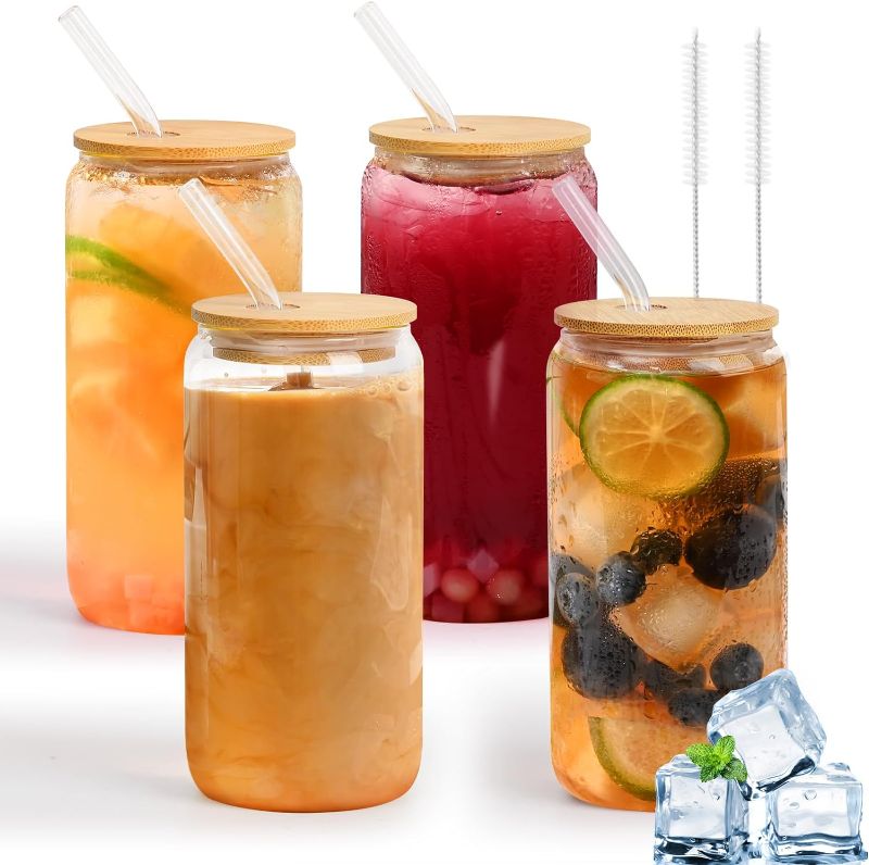 Photo 1 of 20 OZ Glass Cups with Bamboo Lids and Glass Straw - 4pcs Set Beer Can Shaped Drinking Glasses, Iced Coffee Glasses, Cute Tumbler Cup for Smoothie, Boba Tea, Whiskey, Water - 2 Cleaning Brushes