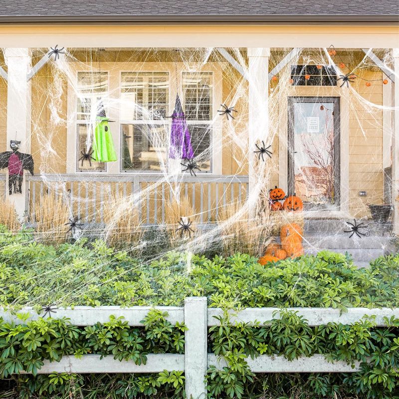 Photo 1 of 2 pack  Playsheek 500 sqft Spider Webs Halloween Decorations with 60 Fake Spiders, Stretch Fake Cobwebs for Bushes Halloween Theme Party Indoor and Outdoor