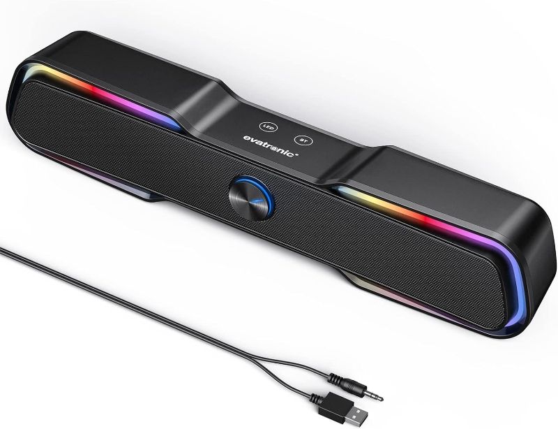 Photo 1 of 

evatronic Computer Speaker, USB-Powered RGB Speakers, Bluetooth 5.0, Stereo Sound Bar with Volume Knob, Touch Control, 3.5mm AUX-in Connection for Laptops