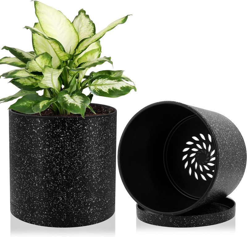 Photo 1 of 8 inch Planters for Outdoor Indoor Plants with Drainage Hole and Seamless Detachable Saucer,Modern Straight Cylinder Shaped Planter for Garden Home Porch Decor,Black