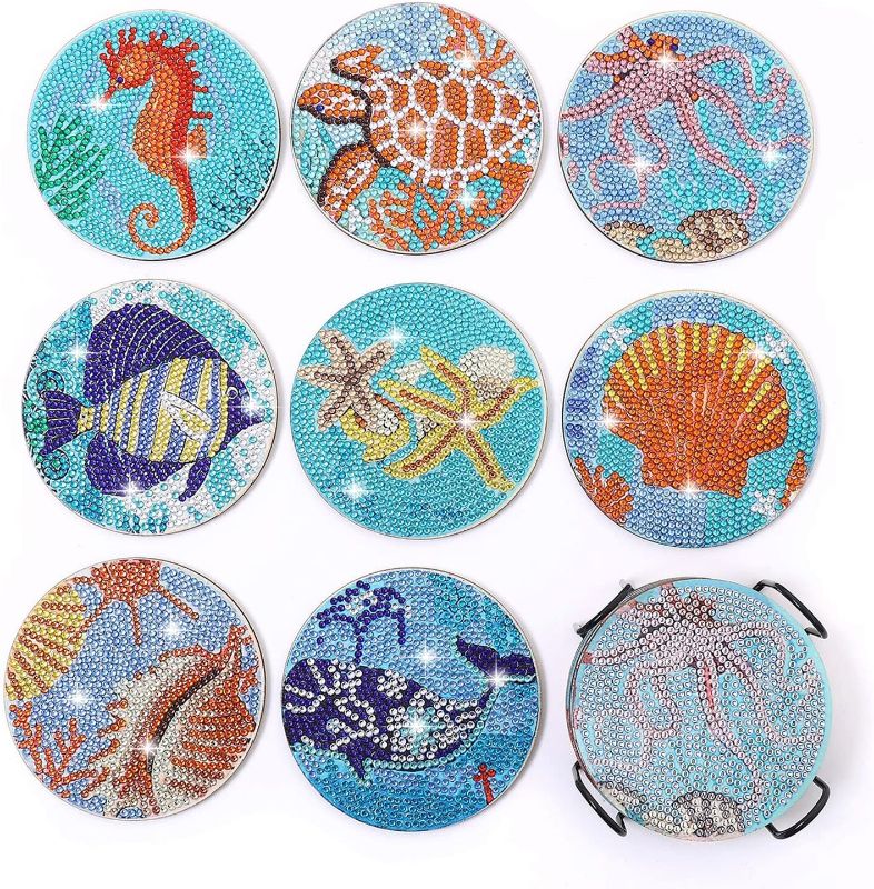Photo 1 of 2 PACK Funvalley Surperfect Diamond Painting Coaster,8pcs 5D Ocean Set Drinks DIY Marine Life Coaster with Holder Diamond Art Kits for Adults Kids Beginners(Ocean 2) 