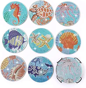 Photo 1 of 2 PACK Funvalley Surperfect Diamond Painting Coaster,8pcs 5D Ocean Set Drinks DIY Marine Life Coaster with Holder Diamond Art Kits for Adults Kids Beginners(Ocean 2) 