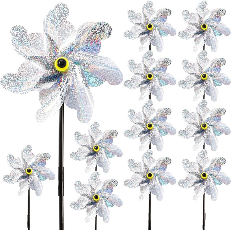 Photo 1 of 
YOUEON 12 Pcs Reflective Pinwheels with Stakes, 7 Inch Extra Sparkly Garden Pinwheels Bird Deterrent, Silver Wind Pinwheels for Yard and Garden