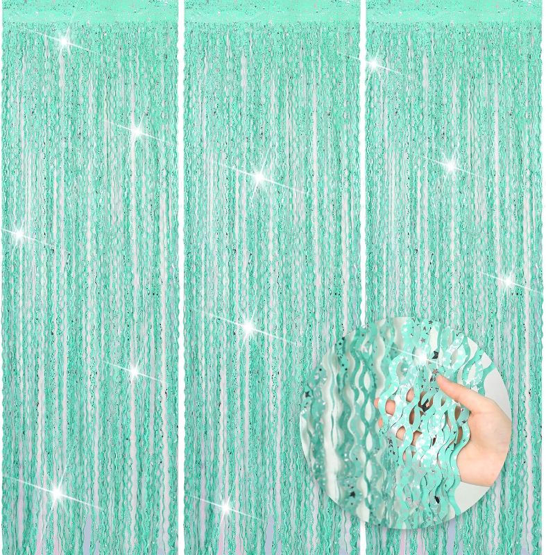 Photo 1 of 
3 Pcs Fringe Curtain Backdrop,3.3 x 6.6 ft Wave Streamers Tinsel Metallic Curtains Photo Backdrop Streamers for Mermaid Birthday Under Sea Ocean Themed.