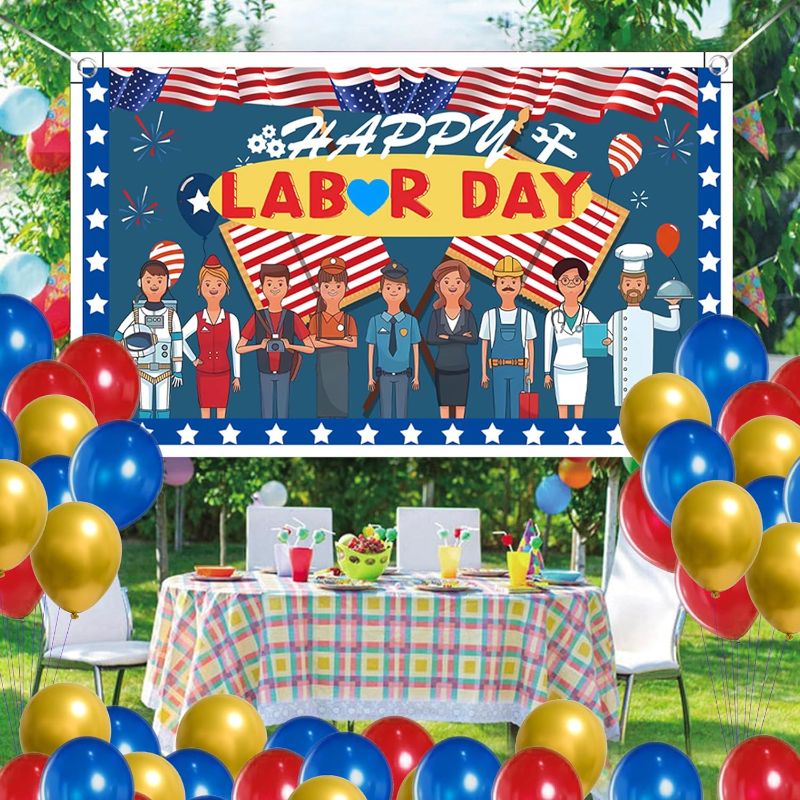 Photo 1 of 
Labor Day Backdrops with 60 pcs Colorful Latex Balloons, Red Happy Labor Day Backdrop Banner Photography Background Poster Bulletin Board Flag Photo Booth