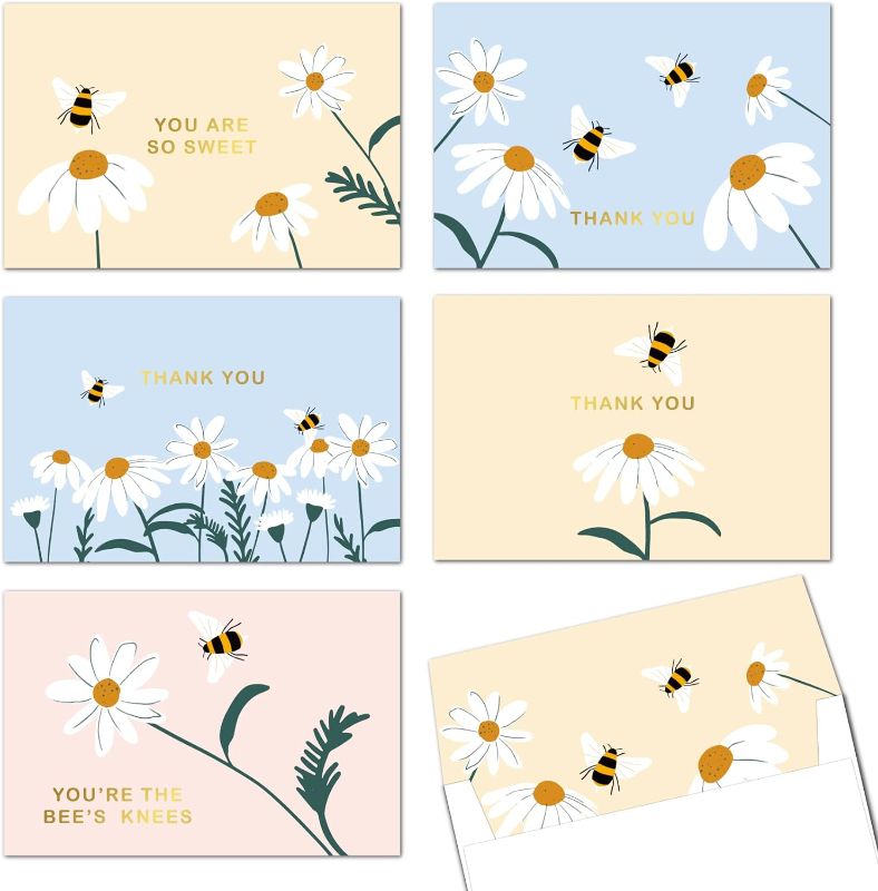 Photo 1 of Gooji 4x6 Bee Gold Foil Thank You Cards with Envelopes (Bulk 20-Pack) Matching Peel-and-Seal White Envelopes | Assorted Bulk, Watercolor | Birthday Party