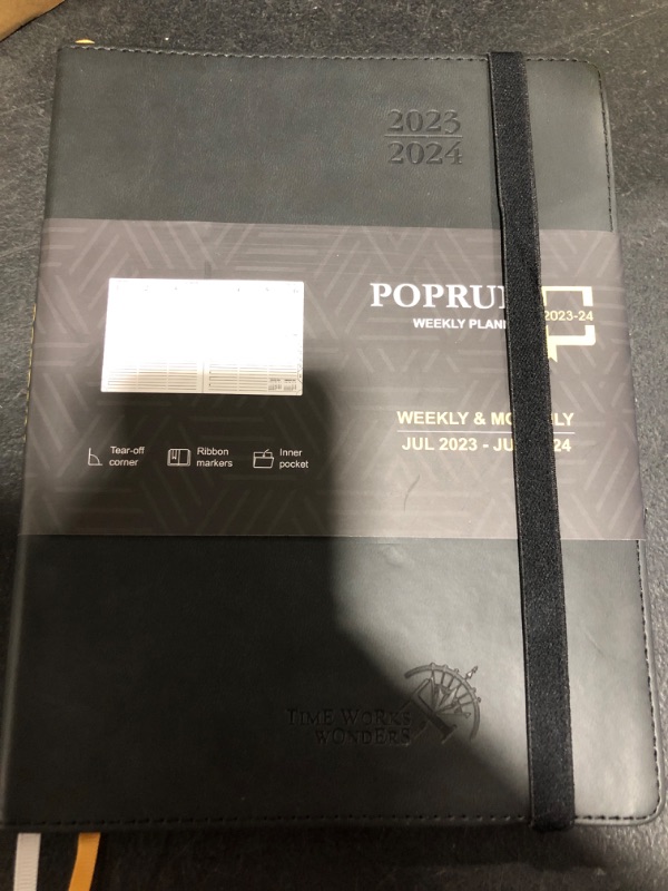 Photo 2 of POPRUN Planner 2023-2024 (10'' x 8'') Academic Planner Weekly and Monthly (July 23-June 24) Hard Cover, Spiral Planner with Hourly Time Slots, Wirebound, Tabs, 100 GSM - Black