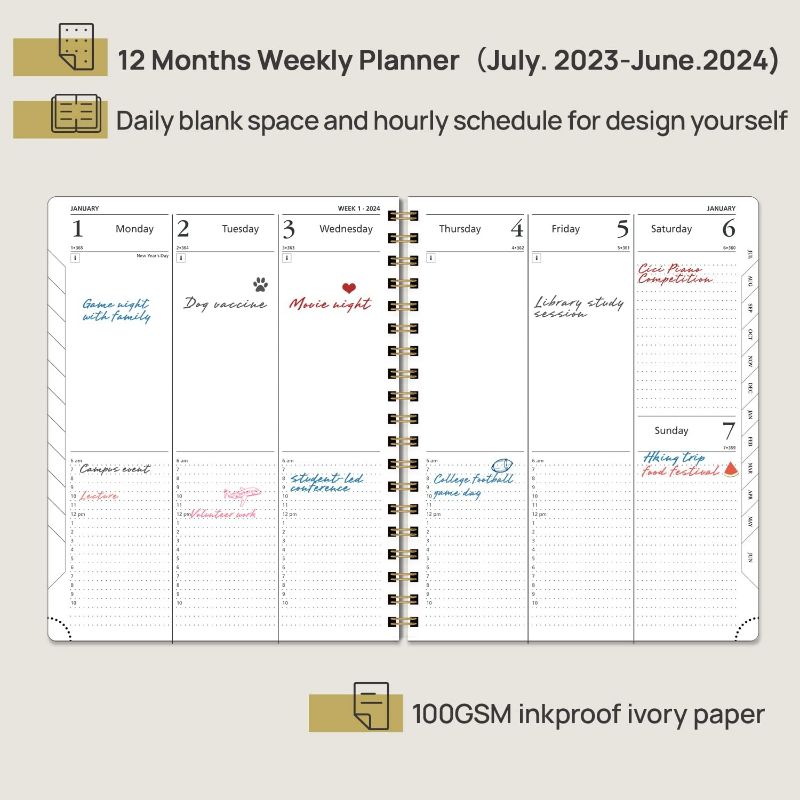Photo 1 of POPRUN Planner 2023-2024 (10'' x 8'') Academic Planner Weekly and Monthly (July 23-June 24) Hard Cover, Spiral Planner with Hourly Time Slots, Wirebound, Tabs, 100 GSM - Black