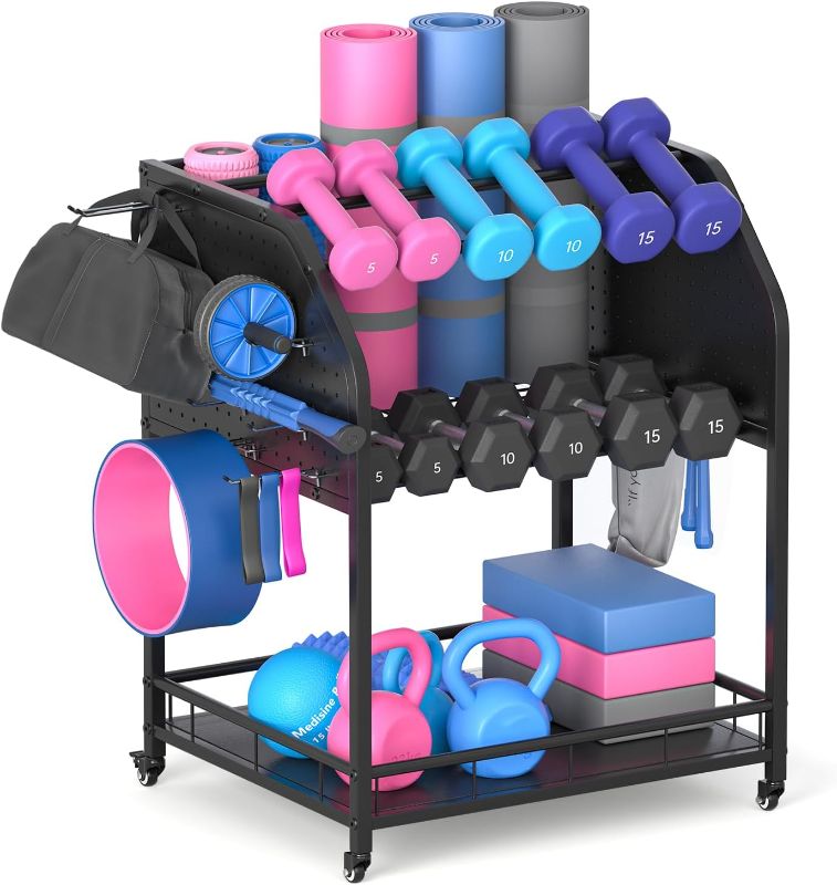 Photo 1 of  Gym Storage Rack 3 Tier Yoga Mat Kettlebell Dumbbell And Balls Workout Gym Equipment Storage Gym Organization Weight Rack for Dumbbells Home Gym With Wheels And Hooks