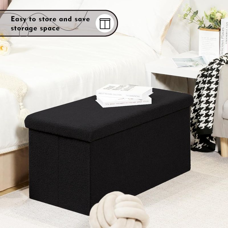 Photo 1 of  Folding Storage Ottoman Bench, Black Sherpa Ottoman with Storage for Living Room, Long Shoes Bench, Storage Chest Toy Boxes Footrest Bench for Bedroom, Living Room, Entryway,