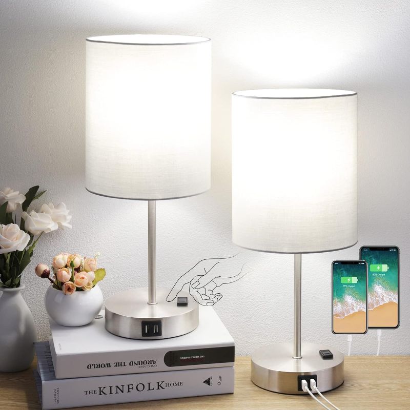 Photo 1 of  Lamps for Bedrooms Set of 2, 3 Way Dimmable Touch Lamp for Living Room, Bedside Lamps with USB Port and Outlet, Nightstand Lamp for Nursery Office, Night Light with Shade 2 Blubs Included