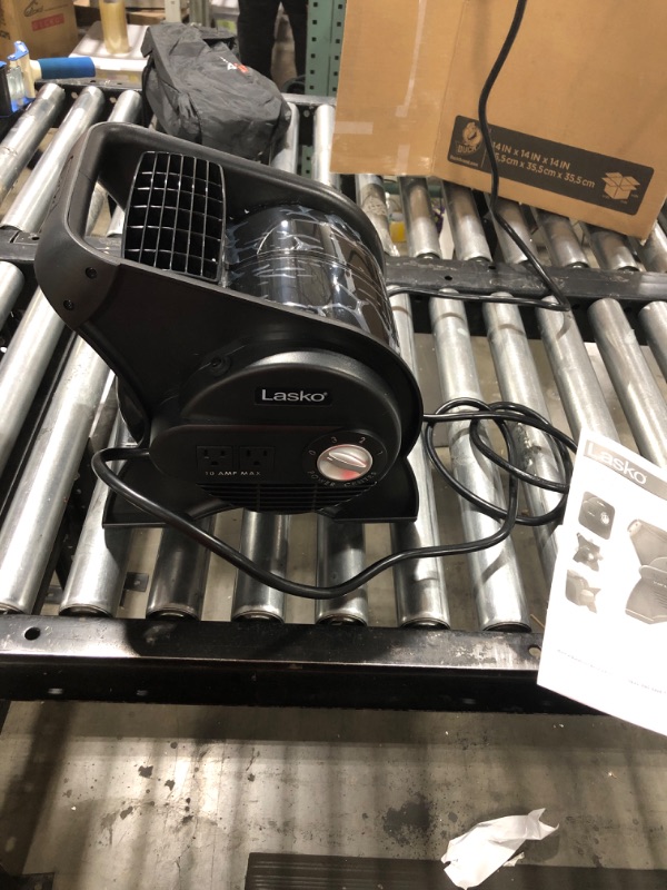 Photo 2 of Lasko High Velocity Pivoting Utility Blower Fan, for Cooling, Ventilating, Exhausting and Drying at Home, Job Site, Construction, 2 AC Outlets, Circuit Breaker with Reset, 3 Speeds, 12", Black, U12104