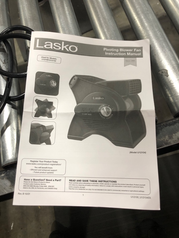 Photo 4 of Lasko High Velocity Pivoting Utility Blower Fan, for Cooling, Ventilating, Exhausting and Drying at Home, Job Site, Construction, 2 AC Outlets, Circuit Breaker with Reset, 3 Speeds, 12", Black, U12104