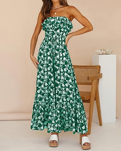 Photo 1 of [Size L] PRETTYGRDEN Women Casual Summer Jumpsuits 2023 Ruffle Square Neck Tie Back High Waist Boho Floral Long Wide Leg Rompers       
