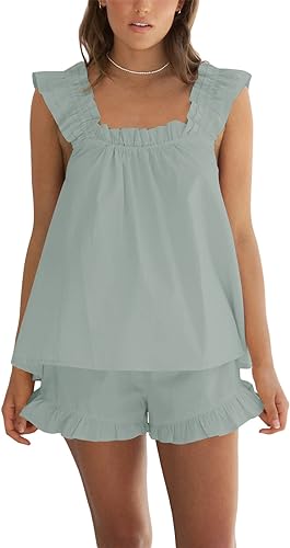 Photo 1 of [Size L] Farktop Womens 2 Piece Set Summer Short Ruffle Crop Top Trim Cami and Casual Shorts Pajama Sets
