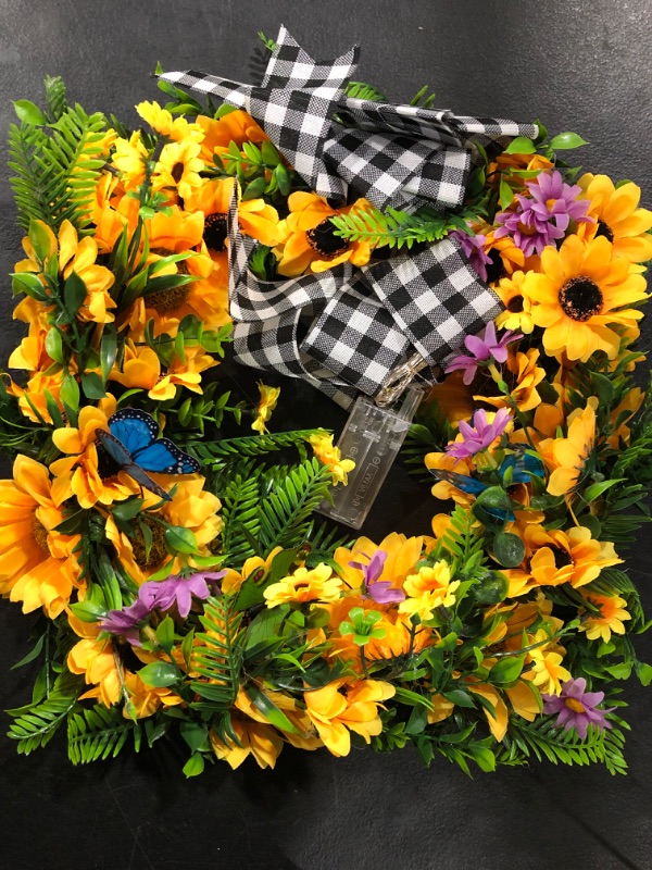 Photo 1 of 18 Inch Sunflower Wreath, Spring/Summer Wreath with LED Lights for Front Door Farmhouse, Handmade Silk Flower Wreath with Butterfly & Buffalo Plaid Bow for Wall Window Home Decor Yellow