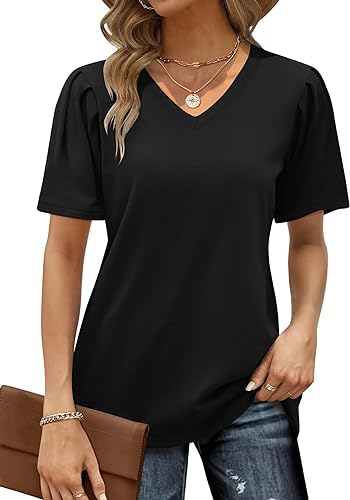 Photo 1 of [Size XXL] Eachyes Womens V Neck T Shirts Summer Puff Short Sleeve Tops Casual Loose Fit Tees Blouse 