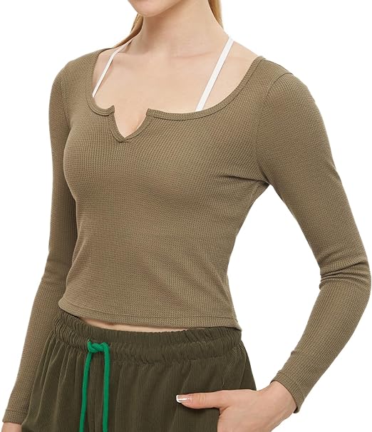 Photo 1 of [Size M] Husnainna Long Sleeve Shirts for Women V Neck Henley Shirts Fall T- Shirts Cropped Waffle Knit Tunic Tops