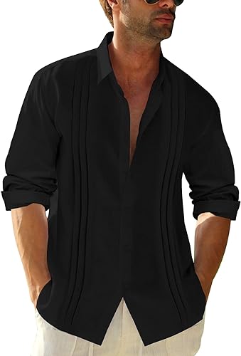 Photo 1 of [Size L] Makkrom Mens Long Sleeve Cuban Guayabera Shirt Button Down Linen Camp Summer Hippie Beach Shirts Top- Black