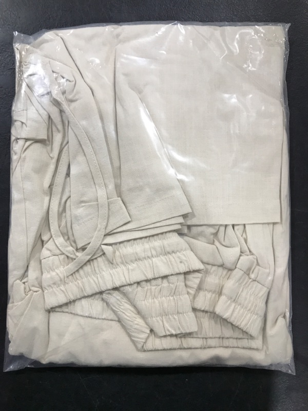 Photo 2 of [Size 2XL] Makkrom Men's 2 Pieces Cotton Linen Set Short Sleeve V Neck Henley Shirts Casual Yoga Capri Pants Summer Outfits- Tan
