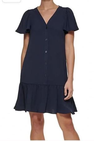 Photo 1 of [Size 8] DKNY Women's Front Button Ruffle Hem Short Sleeve V-Neck Dress, Polyester Navy