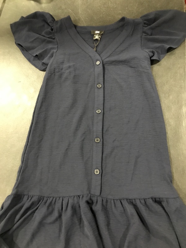 Photo 2 of [Size 8] DKNY Women's Front Button Ruffle Hem Short Sleeve V-Neck Dress, Polyester Navy