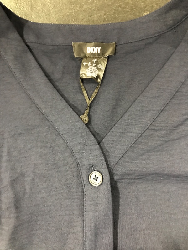 Photo 3 of [Size 8] DKNY Women's Front Button Ruffle Hem Short Sleeve V-Neck Dress, Polyester Navy