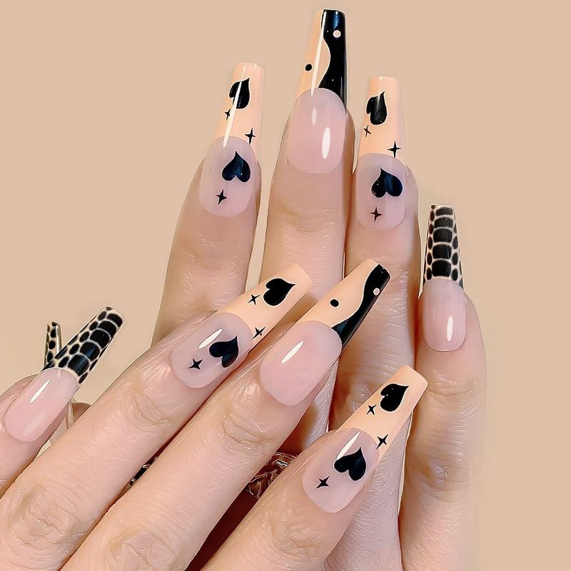 Photo 1 of Coffin Press on Nails Long Leopard Fake Nails with Heart Designs French Glossy False Nails for Women Girls Stick with Nail Glue on Acrylic Nail Tips 24 Pcs Coffin Square Nail DIY Manicure Decoration