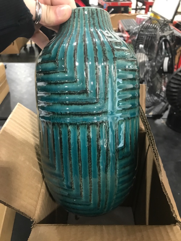 Photo 2 of hjn Ceramic Vase- Teal Vase for Home Decor?Flower Vase for Centerpieces, Modern Decor Vases for Living Room/Bookshelf/Mantel/Home Decor Accents - Teal texture-Large-10.6" H Teal-10.6''H