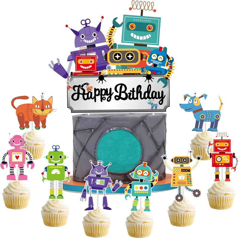 Photo 1 of 37Pcs Robot Cake Toppers Robot Cupckae Toppers Picks Robot Cake Decorations for Robot Birthday Party Baby Shower Supplies Boys Birthday Decorations
