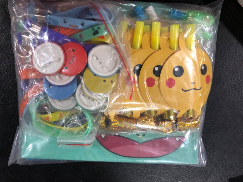 Photo 1 of Andzerolief Cartoon Birthday Party Favor Supplies, 70pcs Party Favor Gift for Kids Include Keychains, Wristbands, Badges, Blower Whistles, Mini Bubbles, Tattoo Sticker, Goodie Bags for Boys Girls pokemon X3