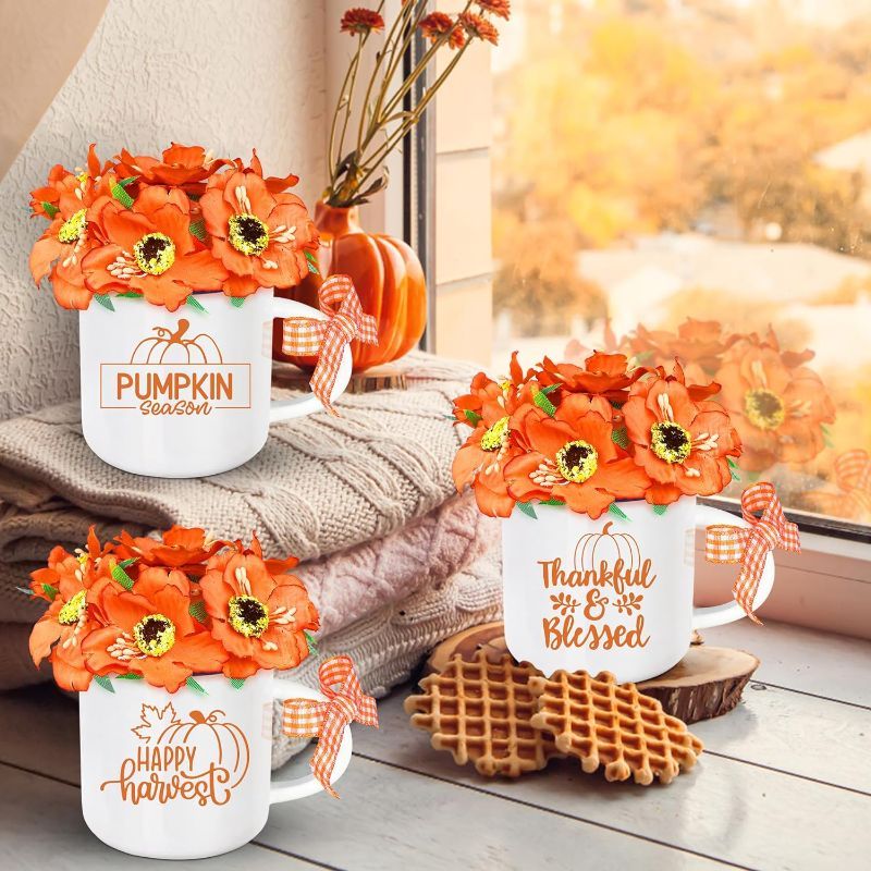 Photo 1 of 3PCS Mini Coffee Mug with Artificial Flowers for Fall/Thanksgiving Tiered Tray Decor - Autumn Pumpkin Ceramic Fall Decorations for Home Fall Decor Farmhouse Table Centerpiece Warming Gifts New Home (miniature cups)
