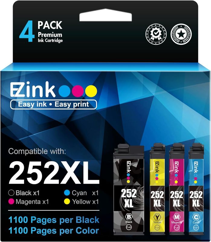 Photo 1 of E-Z Ink (TM Remanufactured Ink Cartridge Replacement for Epson 252XL 252 XL T252XL120 to use with Workforce WF-7110 WF-7720 WF-7710 WF-3620 WF-3640 (1 Large Black, 1 Cyan, 1 Magenta, 1 Yellow) 4 Pack
