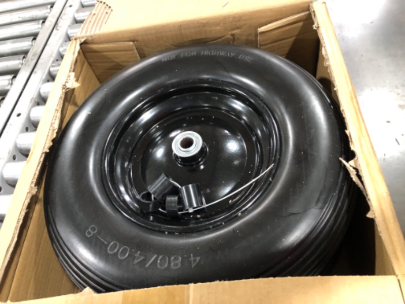 Photo 2 of 16" Flat Free Solid Polyurethane Tire and Wheel, 4.80/4.00-8 PU Airless Tires with 5/8" Ball Bearings, Straight Grain, 2 Pack 2 Pcs 4.80/4.00-8 & 5/8" bearing