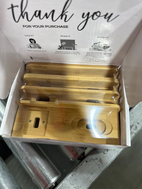 Photo 2 of komonotown Natural Bamboo Charging Station for Multiple Devices, Docking Station Organizer for iPhone, Smart Watch, Tablet, Airpod - for Bedside, Desk (No USB Hub)