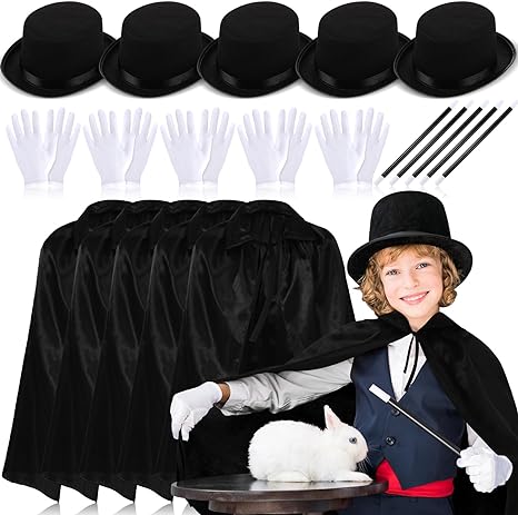 Photo 1 of  Shinymoon 20 Pcs Magician Costume for Kids Bulk Magician Accessory Kit 5 Pcs Magician Hats Top Hat 5 Pcs Magic Wands 5 Pcs Magicians White Gloves 5 Pcs Magicians Cape for Magic Show Halloween Costume 