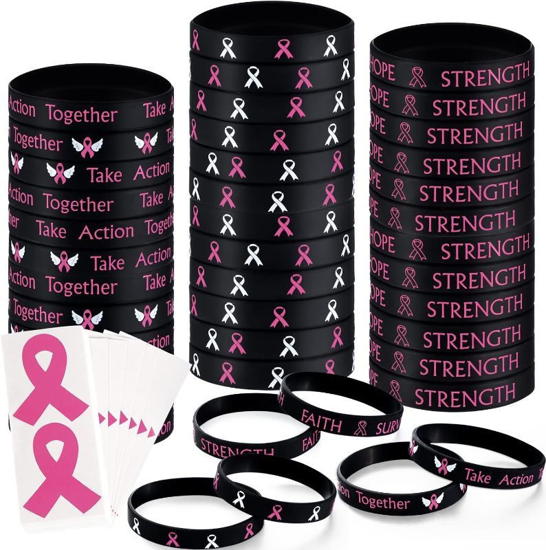 Photo 1 of 192Pieces Breast Cancer Awareness Bracelets Pink Ribbon Breast Cancer Awareness Silicone Wristbands with 48 Pcs Breast Cancer Stickers Women Breast Cancer Awareness Gifts Party Favors, Print Style 2pk