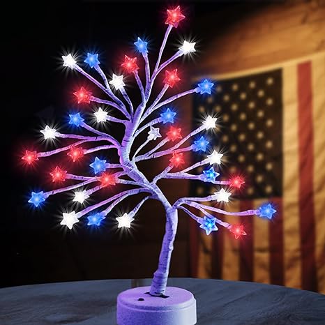 Photo 1 of 4th of July Decorations for Home Patriotic Tree with Star Lights, 36 LED Red White and Blue Lights Lighted Tree USB/Battery Operated Fourth of July Independence Day Memorial Day Table Party Decor 