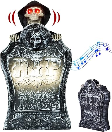 Photo 1 of 19" Halloween Decorations Resin RIP Graveyard Tombstone with LED Lights, Animated Movable Skeleton Skull with Glowing Eyes and Voice Activation for Yard Lawn Haunted House Outdoor Decor Party Props 