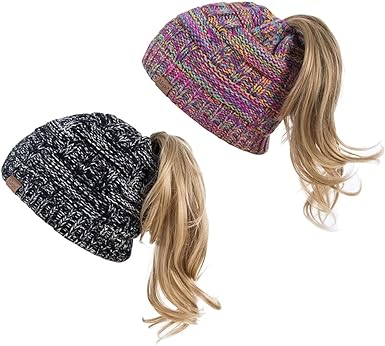 Photo 1 of Alepo Womens High Messy Bun Beanie Hat with Ponytail Hole, Winter Warm Trendy Knit Ski Skull Cap
